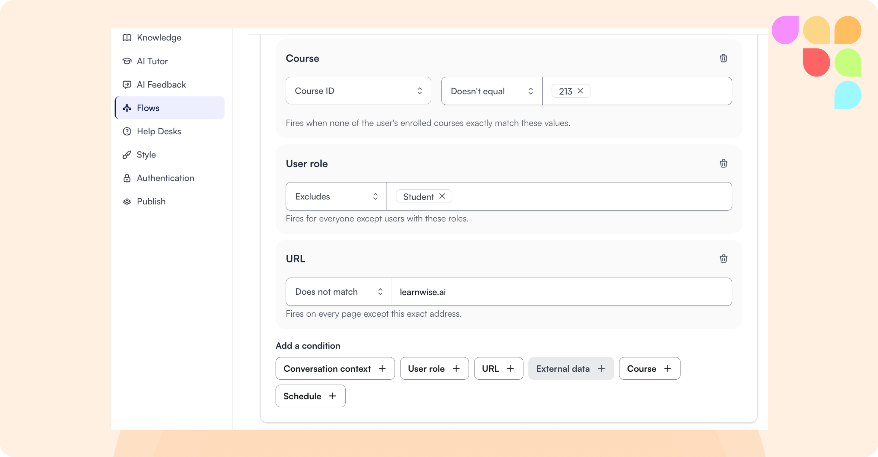 Flows exclude conditions for course, user role, and URL