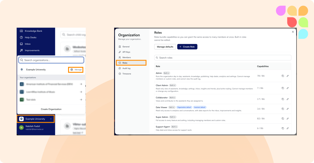 Organization Roles page with custom roles and capabilities