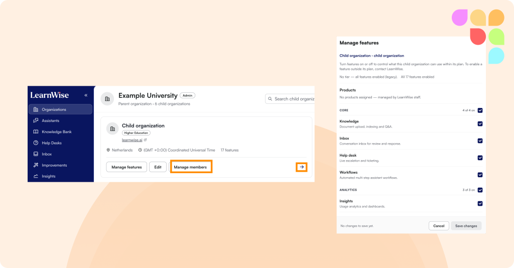Parent organization Example University with a child organization and Manage features