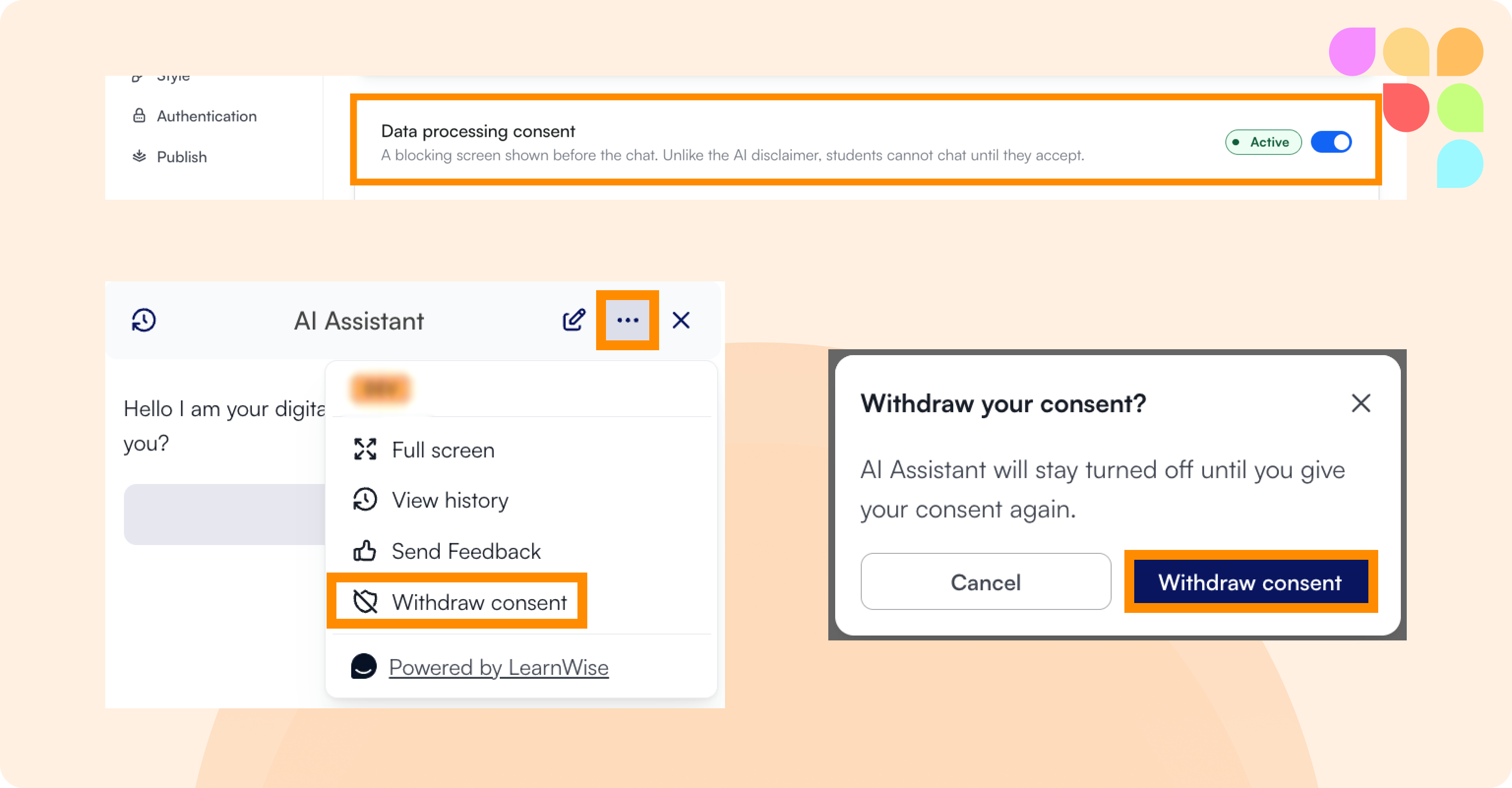 Data processing consent toggle, withdraw consent menu, and withdraw confirmation dialog