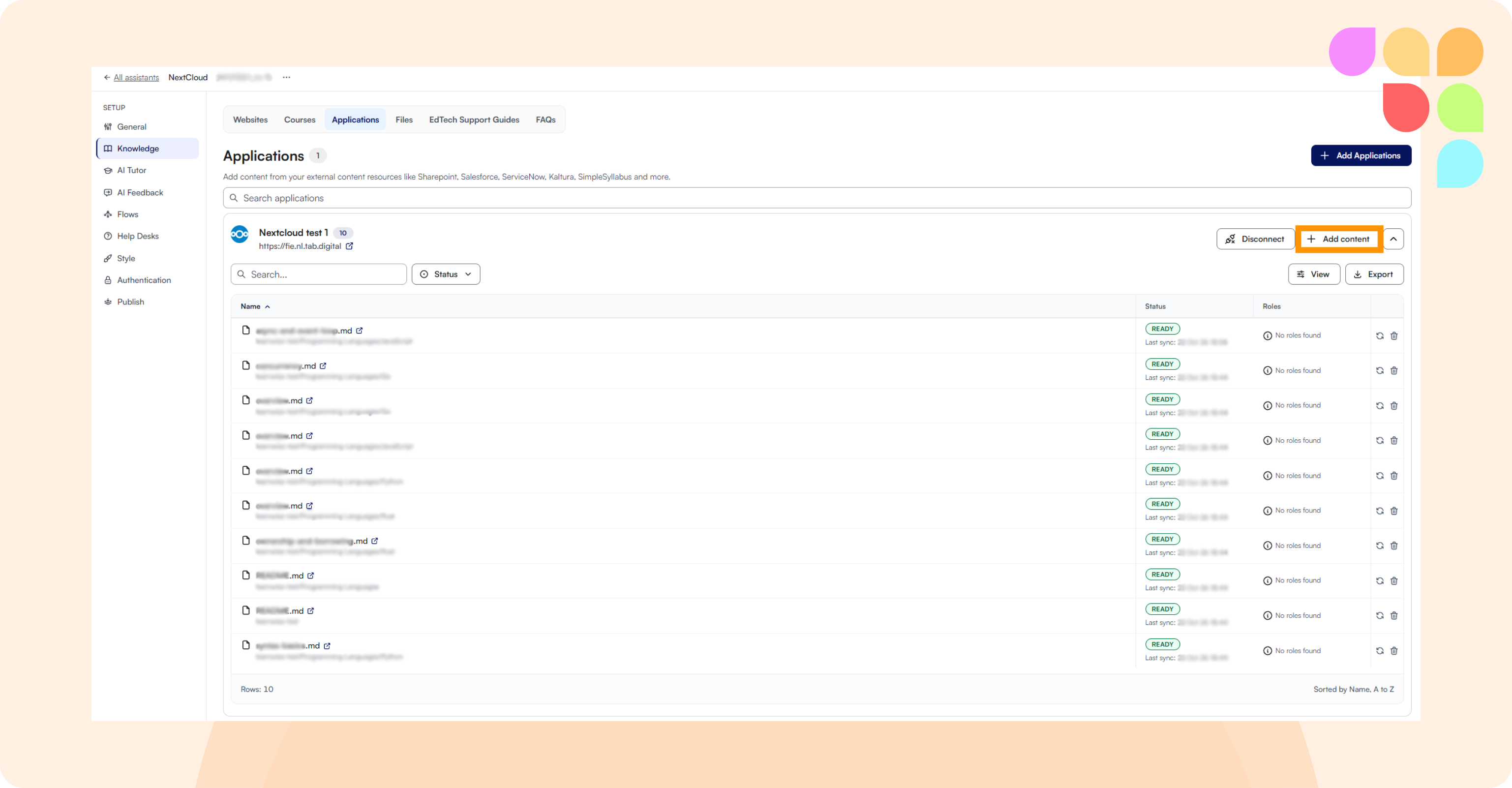 Knowledge Applications tab with a Nextcloud connection and Add content